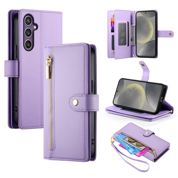 Klapkové puzdro pre Samsung Galaxy S25, Wallet Zipper Pocket, fialové
