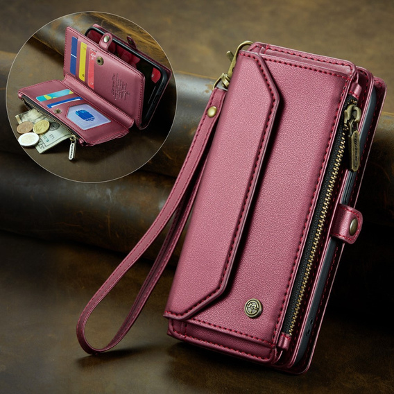 Puzdro CASEME pre iPhone16e, RFID Leather Wallet, s popruhom cez rameno, červené