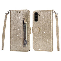 Klapkové puzdro pre Samsung Galaxy A35 5G, Wallet Zipper Pocket Glittery, zlaté