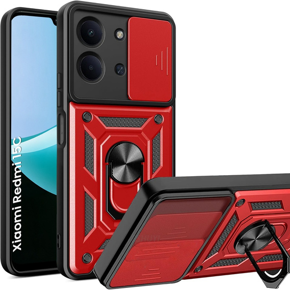 Pancierované puzdro pre Xiaomi Redmi 15C 4G/LTE, s ochranou fotoaparátu, so stojanom, červené