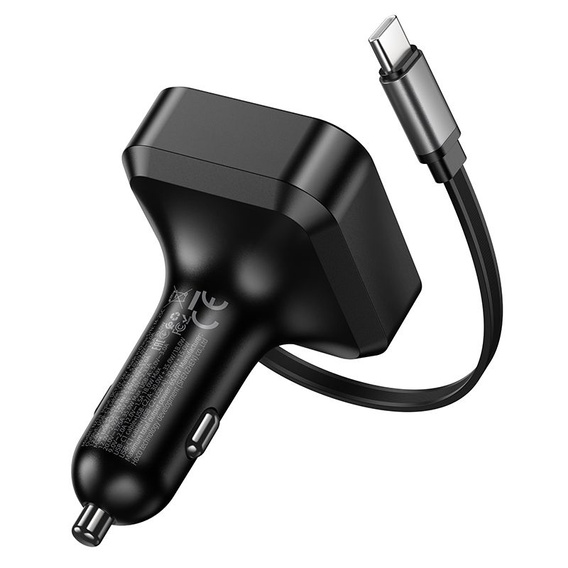 Autonabíjačka Hoco s trojitým výstupom a zasúvacím káblom USB-C s výkonom 65 W