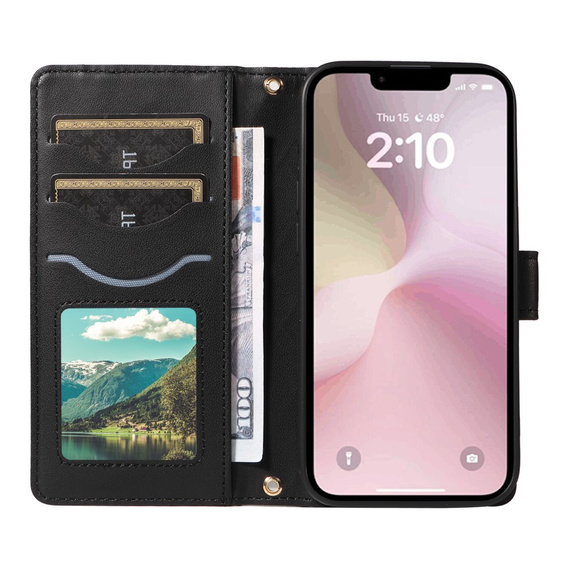 Puzdro s chlopňou pre iPhone 16E, Rhombus Crossbody Leather, čierne