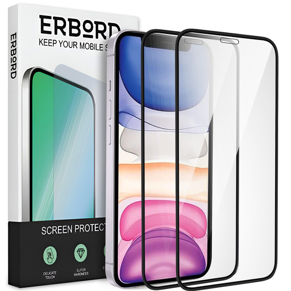 2x tvrdené sklo pre iPhone XR / 11, ERBORD 3D pre celý displej