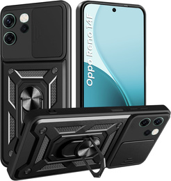 Pancierované puzdro pre Oppo Reno 14F, s ochranou fotoaparátu, so stojanom, čierne