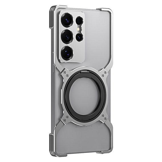 Puzdro pre Samsung Galaxy S25 Ultra, Kickstand Bumper, s krytom objektívu, pre MagSafe, strieborné