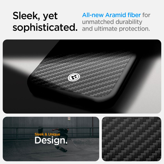 Puzdro Spigen pre iPhone 16E, Enzo Aramid MagSafe, karbónová čierna + tvrdené sklo 9H