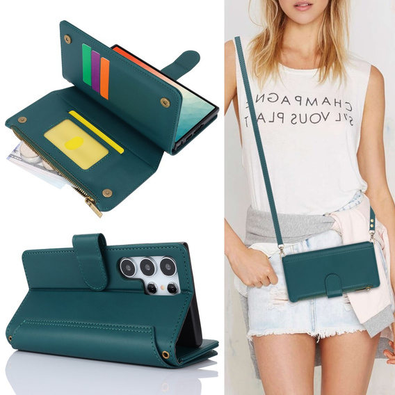 Klapkové puzdro pre Samsung Galaxy S24 Ultra, Wallet Zipper Pocket RFID, s popruhom cez rameno, čierne