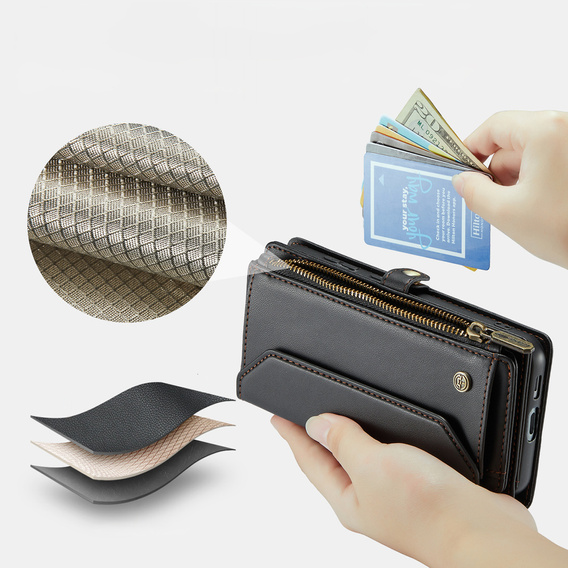 Puzdro CASEME pre Samsung Galaxy S25 FE, RFID Leather Wallet, s popruhom cez rameno, čierne