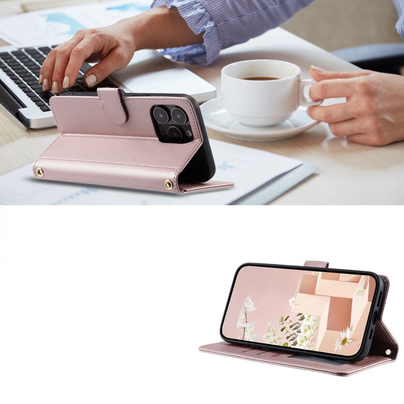 Puzdro s chlopňou pre iPhone 16 Pro Max, Rhombus Crossbody Leather, ružové rose gold