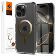 Puzdro MagSafe Spigen pre iPhone 16 Pro, Ultra Hybrid, priehľadné / zlaté + tvrdené sklo 9H