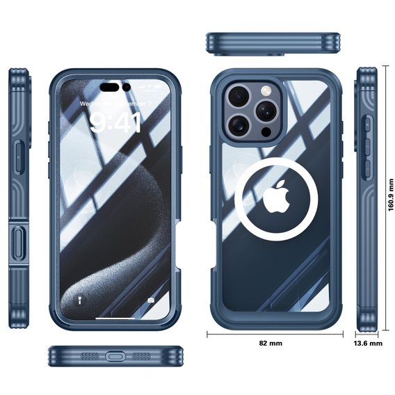 Puzdro pre iPhone 16 Pro Max, Shockproof, so sklom, pre MagSafe, tmavomodré