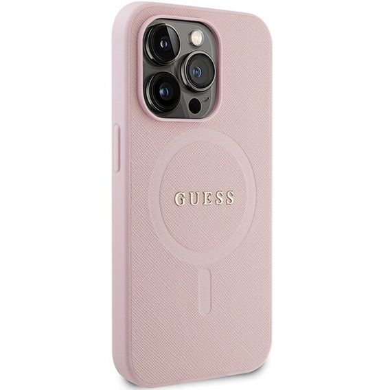 GUESS Obal na mobil pre iPhone 14 Pro, Saffiano MagSafe, ružové