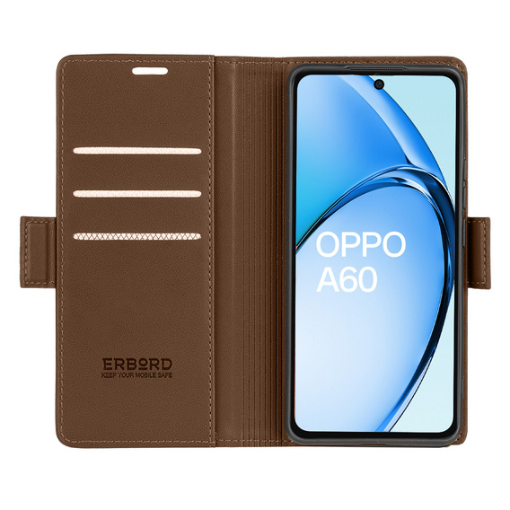 Puzdro pre Oppo A60, ERBORD Glossy Litchi, flipová peňaženka, hnedé