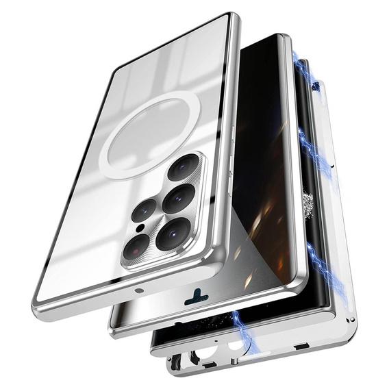 Magnetické puzdro Dual Glass MagSafe pre Samsung Galaxy S22 Ultra, strieborné
