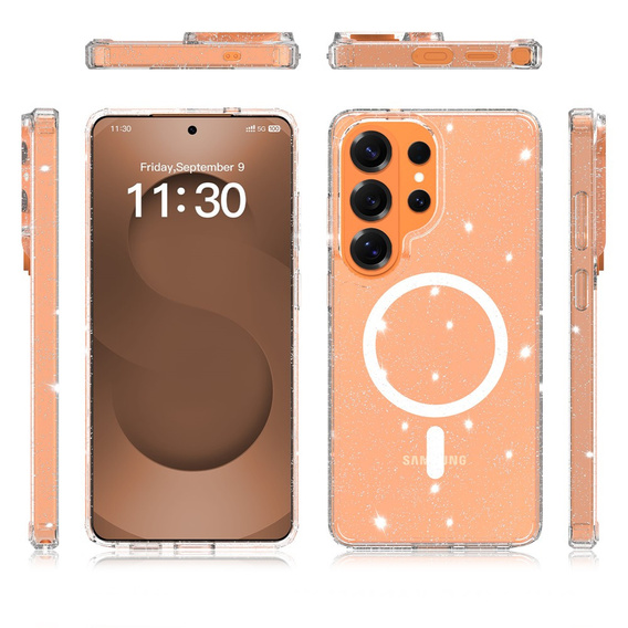 Tvrdené puzdro s trblietkami, pre MagSafe pre Samsung Galaxy S26 Ultra, priehľadné