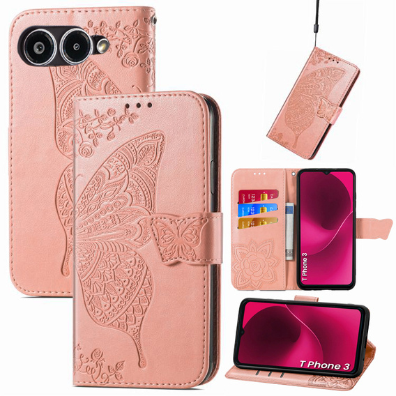 Klapkové puzdro pre T Phone 3 5G, Butterfly, ružové rose gold