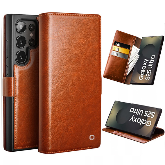 Flipové puzdro pre Samsung Galaxy S25 Ultra, QIALINO Leather Wallet, hnedé
