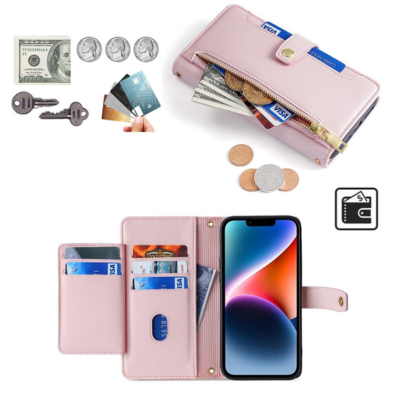 Klapkové puzdro pre iPhone 14, Wallet Zipper Pocket, ružové
