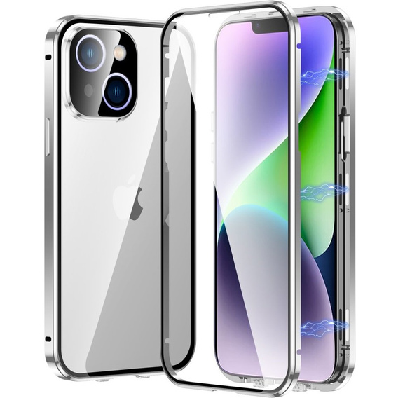 Puzdro pre iPhone 15 Plus, Magnetic Dual Glass, strieborné