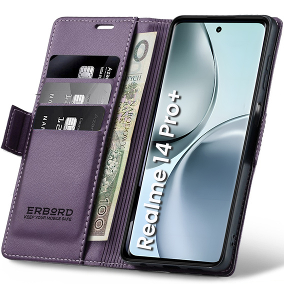 Puzdro pre Realme 14 Pro+ 5G, ERBORD Glossy Litchi, flipová peňaženka, fialové