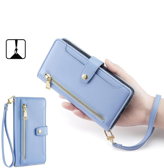 Klapkové puzdro pre iPhone 16E, Wallet Zipper Pocket, modré