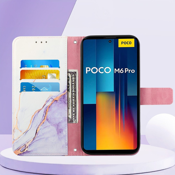Klapkové puzdro pre Xiaomi Redmi Note 13 Pro 4G / Xiaomi Redmi Note 14S / Xiaomi Poco M6 Pro 4G, Wallet, Marble fialové