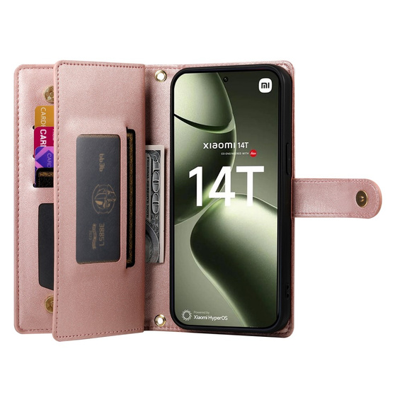 Klapkové puzdro pre Xiaomi 14T, Wallet Zipper Pocket, ružové