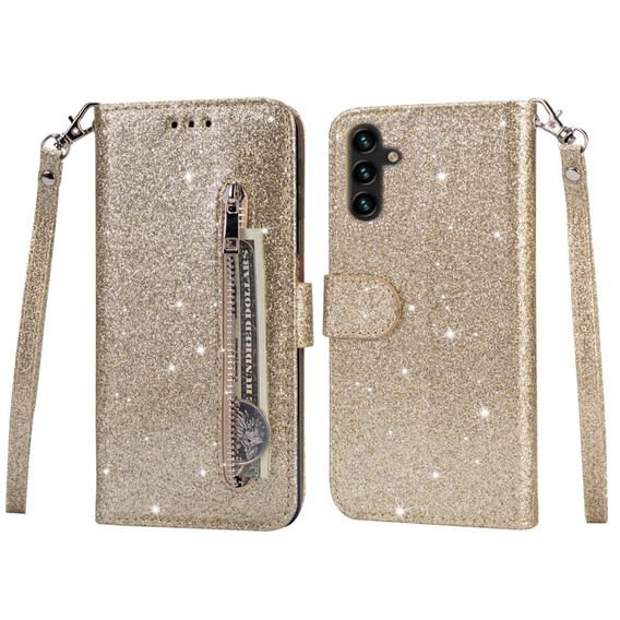 Klapkové puzdro pre Samsung Galaxy A55, Wallet Zipper Pocket Glittery, zlaté