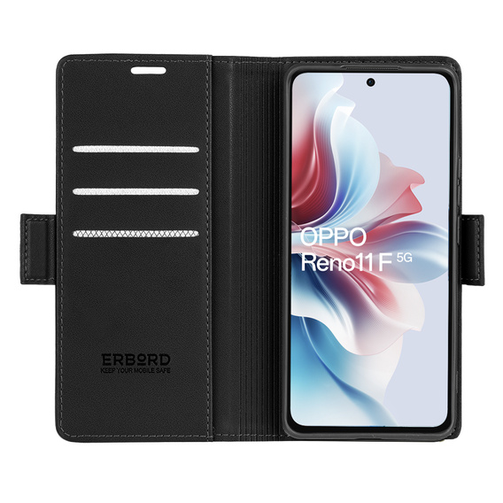 Puzdro pre Oppo Reno 11F, ERBORD Glossy Litchi, flipová peňaženka, čierne