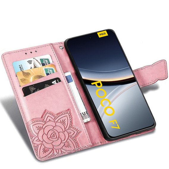 Klapkové puzdro pre Xiaomi Poco F7, Butterfly, ružové rose gold