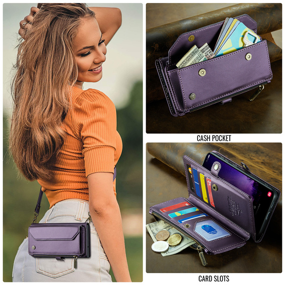 Puzdro CASEME pre Samsung Galaxy S25 FE, RFID Leather Wallet, s popruhom cez rameno, fialové