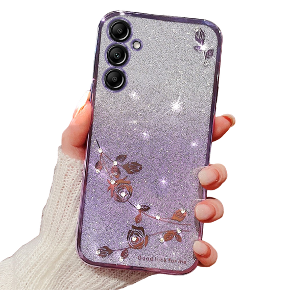 Puzdro pre Samsung Galaxy A15, Glitter Flower, fialové + 9H sklo