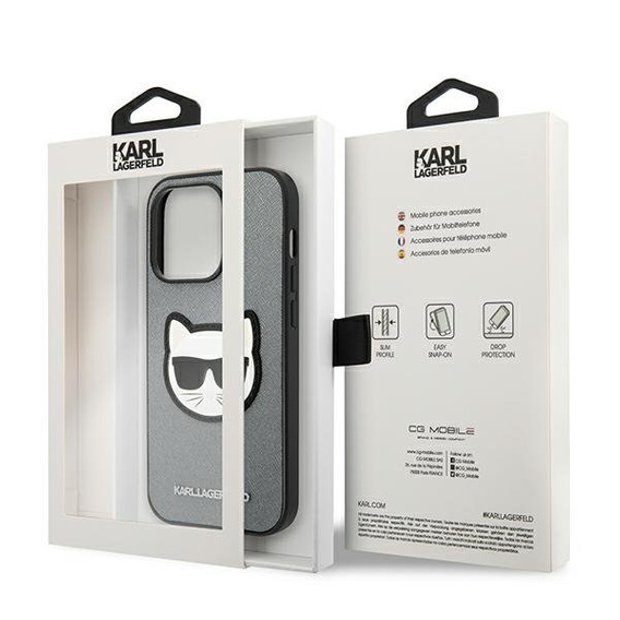 Karl Lagerfeld Obal na mobil pre iPhone 14 Pro Max, Saffiano Choupette Head Patch, strieborné