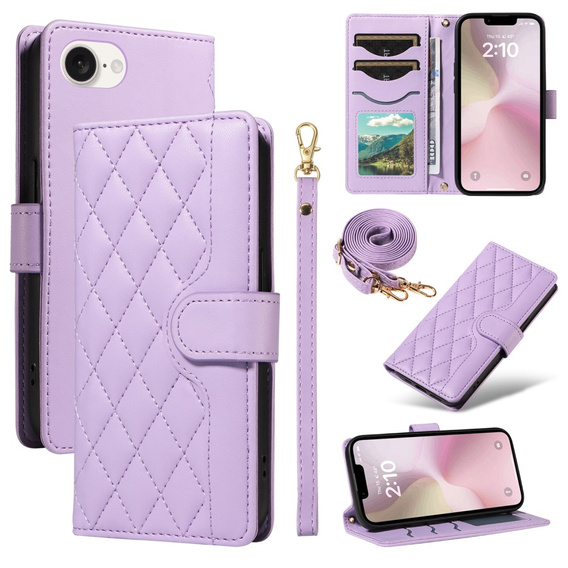 Puzdro s chlopňou pre iPhone 16E, Rhombus Crossbody Leather, fialové