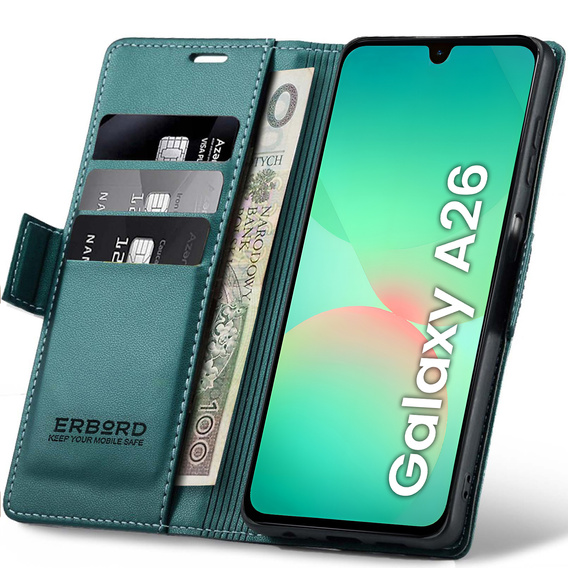 Puzdro pre Samsung Galaxy A26, ERBORD Glossy Litchi, flipová peňaženka, zelený