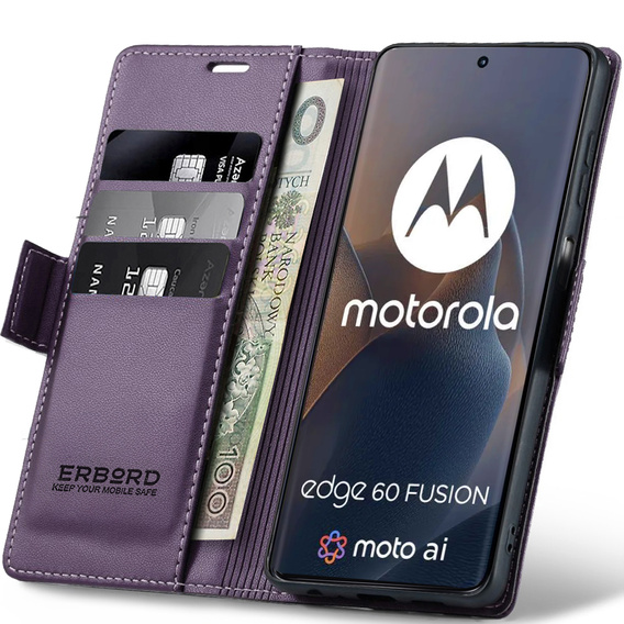 Puzdro pre Motorola Edge 60 / 60 Fusion, ERBORD Glossy Litchi, flipová peňaženka, fialové