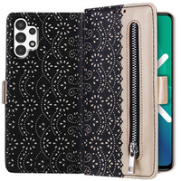 Klapkové puzdro pre Samsung Galaxy A13 4G, Wallet Pocket Zipper Lace, čierne