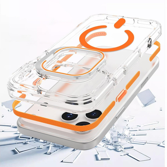 Puzdro pre iPhone 17 Pro, pre MagSafe, so stojanom, priehľadné s oranžovými vložkami