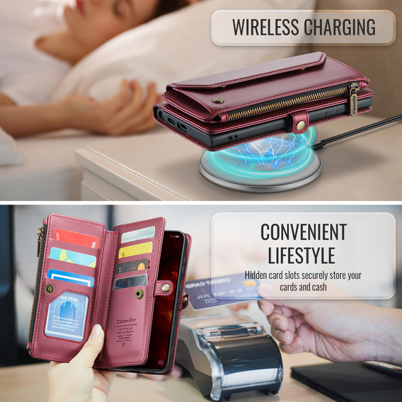 Puzdro CASEME pre Samsung Galaxy S25 FE, RFID Leather Wallet, s popruhom cez rameno, červené