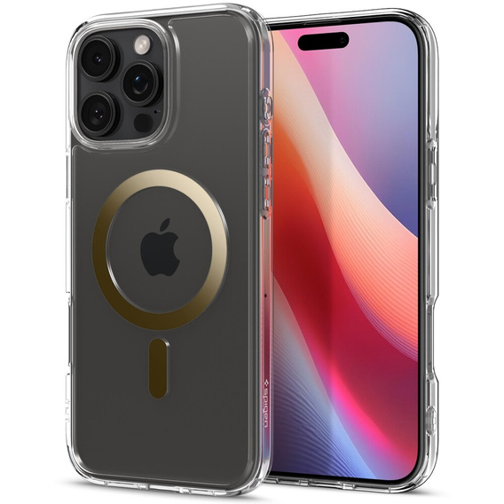 Puzdro MagSafe Spigen pre iPhone 16 Pro, Ultra Hybrid, priehľadné / zlaté + tvrdené sklo 9H