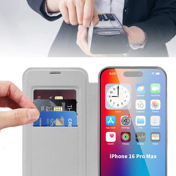 Klapkové puzdro pre iPhone 16 Pro Max, RFID Wallet MagSafe CamShield, strieborné