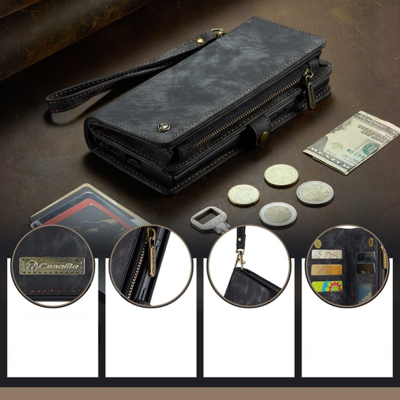 CASEME puzdro pre Samsung Galaxy A56 5G, Retro Leather Wallet, s remienkom, čierne