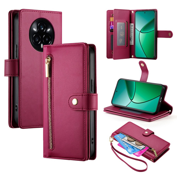 Klapkové puzdro pre Realme 14 Pro 5G, Wallet Zipper Pocket, červené