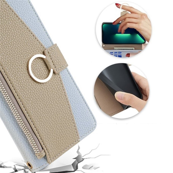 Flipové puzdro pre iPhone 14, Wallet Zipper Pocket, so zrkadlom, modré