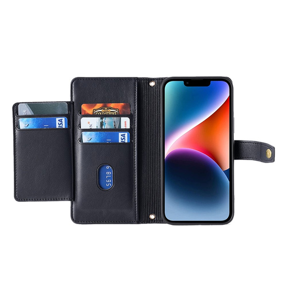 Klapkové puzdro pre iPhone 14, Wallet Zipper Pocket, čierne