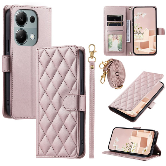 Puzdro s chlopňou pre Xiaomi Redmi Note 13 Pro 4G / Xiaomi Redmi Note 14S / Xiaomi Poco M6 Pro 4G, Rhombus Crossbody Leather, ružové rose gold