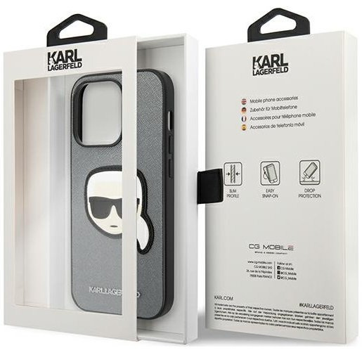 Karl Lagerfeld Obal na mobil pre iPhone 14 Pro Max, Saffiano Karl's Head Patch, strieborné