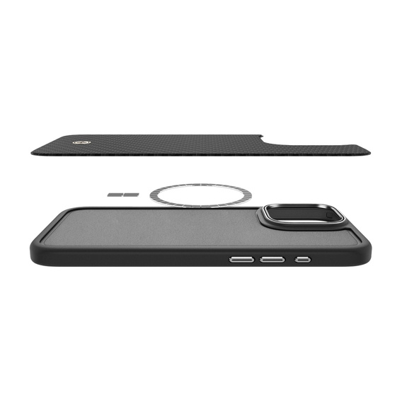 Puzdro Spigen pre iPhone 16 Pro Max, Enzo Aramid MagSafe, čierny uhlík / strieborná + tvrdené sklo 9H