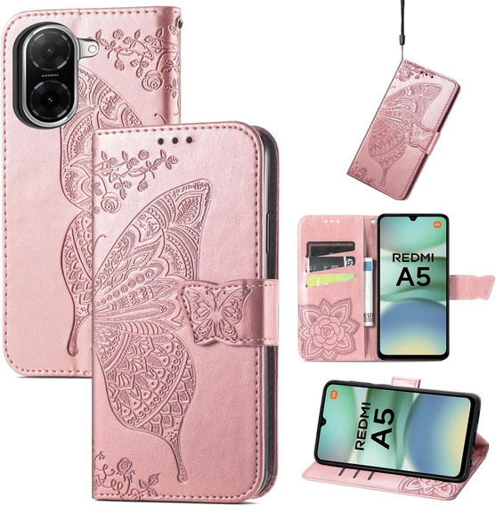 Klapkové puzdro pre Xiaomi Redmi A5, Butterfly, ružové rose gold