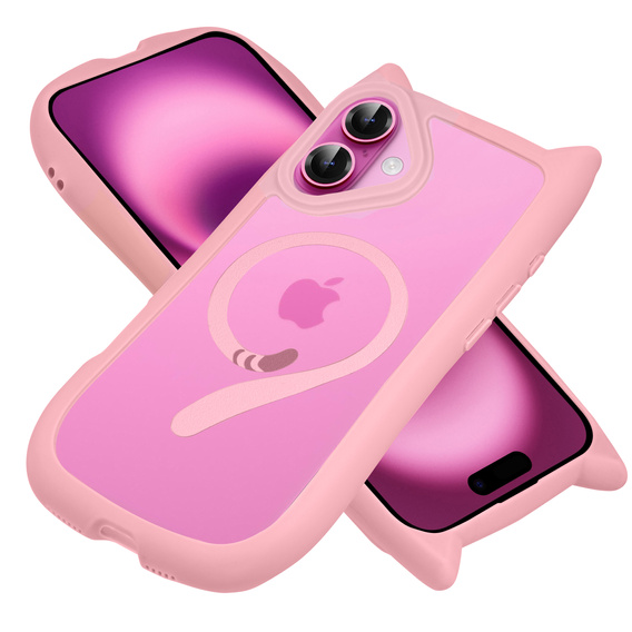 Puzdro pre iPhone 16, pre MagSafe, Cute Cat, ružové + sklo na displej